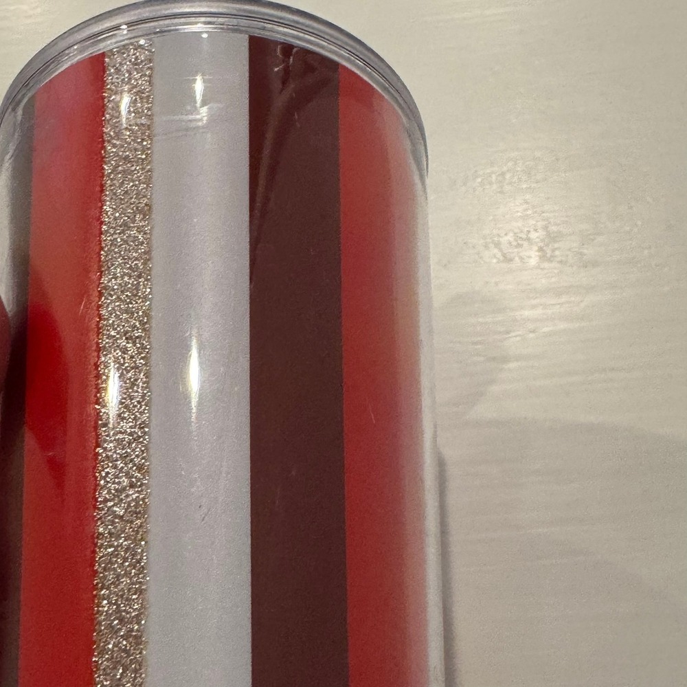 Starbucks Tumbler Cup Red White Brown Glitter Stripe Reusable Travel Mug Lid - Picture 11 of 11